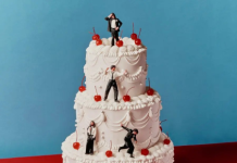 Members of Blossoms as plastic figures on a three-tier wedding cake