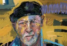 Painting depicting head and shoulders of Richard Thompson
